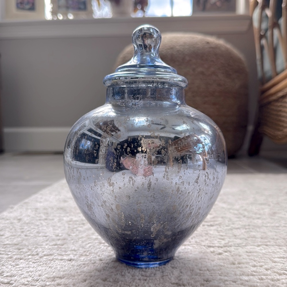 Blue/Purple Hue Mercury Glass Genie Bottle Container W/ Lid -Excellent Condition